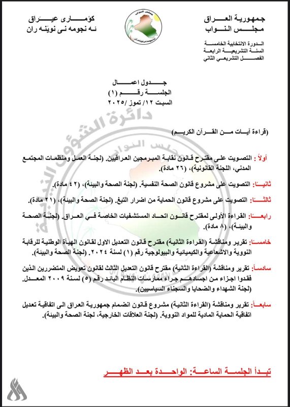 جدول أعمال جلسة مجلس النواب ليوم السبت المقبل