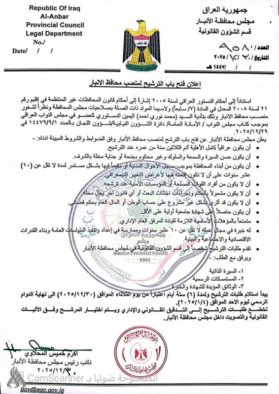 فتح باب الترشيح لمنصب محافظ الأنبار