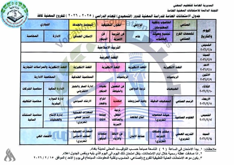 التربية تعلن جدول الامتحانات التمهيدية للعام الدراسي 2025_2026 للفروع المهنية كافة