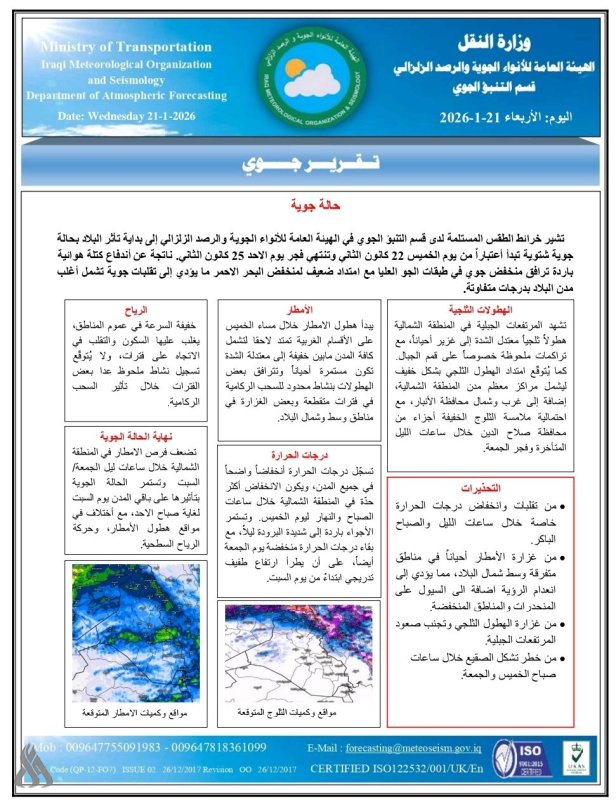 الأنواء الجوية: تأثر البلاد بحالة جوية شتوية تبدأ الخميس ولغاية الأحد