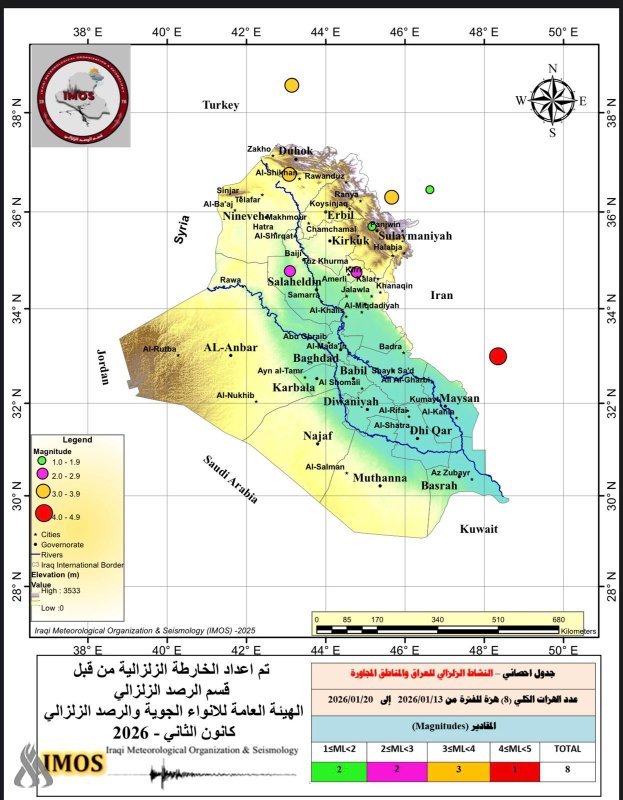 النقل: تسجيل 8 هزات أرضية بالعراق والمناطق المجاورة في الشهر الحالي