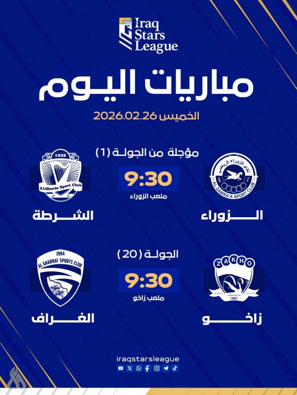 النوارس والقيثارة في قمة مؤجلة وزاخو والغراف يفتتحان الجولة الـ20 من دوري النجوم اليوم