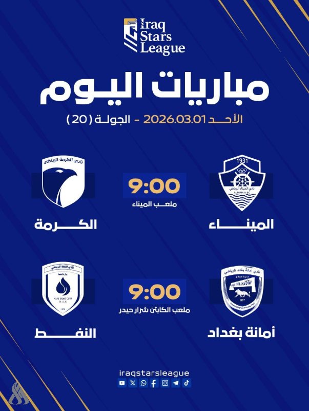 اليوم.. مواجهتان لحساب الجولة الـ 20 من دوري النجوم العراق